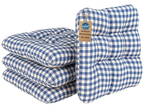 HLKauf 4er Set Blau/Weiss Sitzkissen 36x36x6 cm | weiche Stuhlkissen für Indoor & Outdoor | Sitzpolster für Garten, Camping, Gastronomie oder Bistro | Oeko-Tex und Made in EU