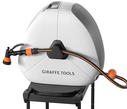 Giraffe Tools Ausziehbare Schlauchtrommel mit 30 m, Robuste Bodenmontage, Gartenschlauchtrommel mit 7-Funktions-Sprühdüse und Flexiblem Drehsockel