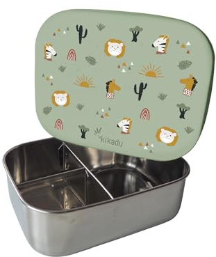 kikadu Brotdose Kinder aus Edelstahl mit Silikondeckel, 3 Fächer, BPA-frei, luftdicht, spülmaschinengeeignet, 900 ml, 17 x 13 x 5,5 cm, Lunchbox für Kindergarten Schule & Ausflüge, Savannah Friends