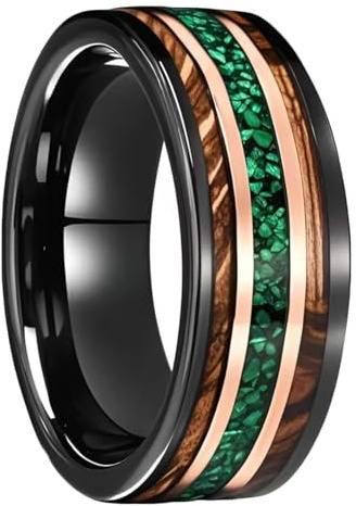 RDSGYZ Verlobungsring Herren Wolfram, Männer Ringe Hochzeit 8MM mit Grün Opal und Holz Bandring Trauringe Eheringe Schwarz Rosegold Nickelfrei Gr.67 (21.3)