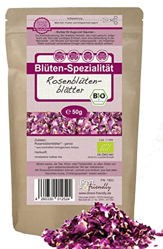 direct&friendly | Bio Rosenblütenblätter | farb-&duft-intensiv | 50g | Essbar | Tee | Backen | Wellness