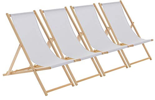 Harbour Housewares Folding Wooden Deck Chairs – Light Grey – Pack of 4 – Adults Traditional Foldable Reclining Outdoor Canvas Sun Lounger Chair Seat for Garden Patio, Beach, Camping