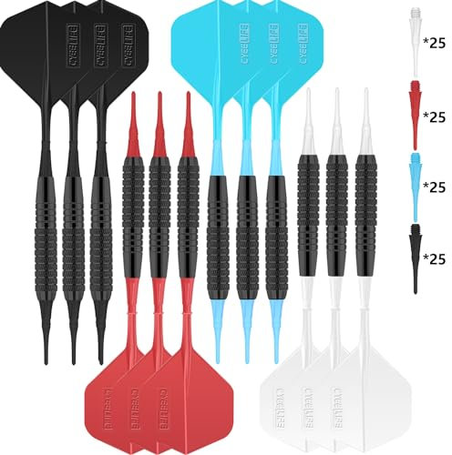 CyeeLife 18g Soft Dartpfeile. Neue sehr stabile und biegsame Kunststoffschäfte und Flights aus einem Stück.12 Stück In 4 Farben mit 100 Spitzen