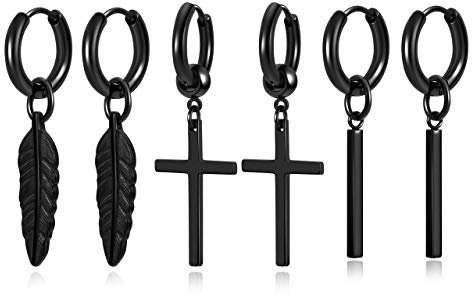 AllerPierce 3 Paare Edelstahl Ohrringe mit Kreuz, Feder, Quader Anhänger Hoop Creolen Set für Herren Damen 18G Baumeln Hängend Ohrpiercing Ohrhänger (Schwarz)