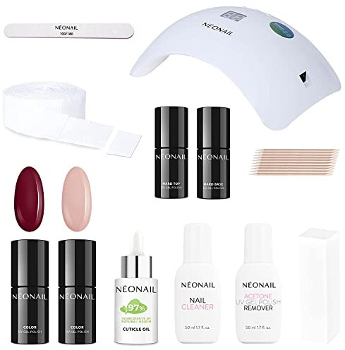 NEONAIL Starter Set with LED Lamp 2x Nail Polish Burgundy Beige Base Top Cleaner