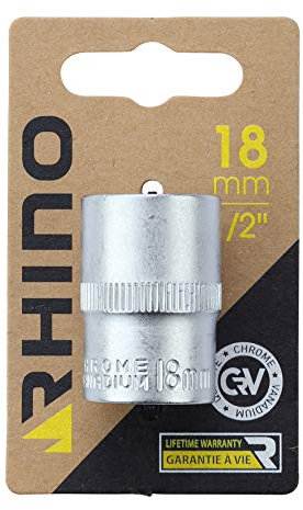 RHINO - Jeux de douilles - Douille hexagonale, courte métrique - 6 pans - Diam. 18 mm - Carré d'entrainement 1/2'' - Haute qualité (Chrome Vanadium) - Garantie à vie - Plusieurs tailles disponibles