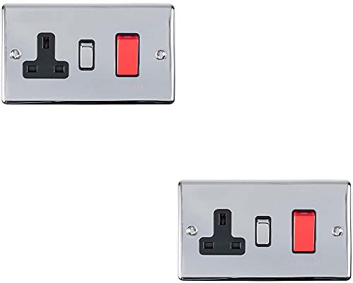Lot de 2 interrupteurs de four DP 45 A et prise de courant simple à interrupteur 13 A – Chrome poli et bordure grise – Double pôle de 45 A – Plaque murale décorative et bascule en métal massif –