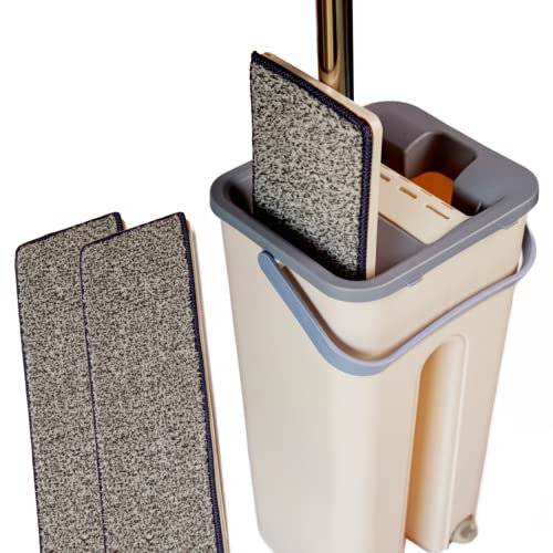 Mopa Fregona Cubo para Limpiar Suelos con 2 Almohadillas Absorbentes Escurrefácil Mop Secado Escurridor Suelos Laminados Madera Parqué Azulejos Limpieza Hogar (1)