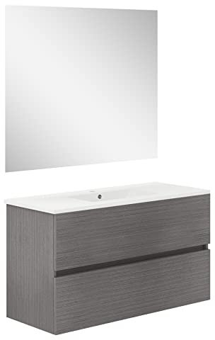 Baikal, Conjunto de baño Natura. Mueble de Baño de Fondo Reducido, con Lavabo cerámico. Distribución Dos Cajones. Mueble MONTADO. Dos Cajones con Espejo. Fondo 39cm 100 cm Ceniza