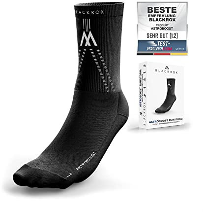 BLACKROX Kompressionsstrümpfe [Vergleichssieger 2024] Gr. S-XL | Für Damen & Herren | Laufstrümpfe | Perfekt für Sport, Radfahren, Joggen & Wandern | ASTROBOOST RUNSTORM V1 | Schwarz Gr. L-XL