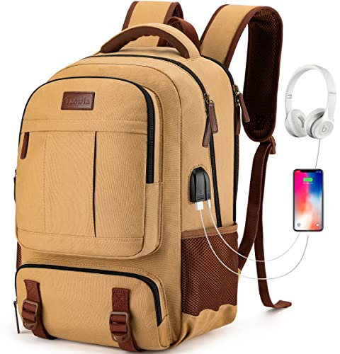 Tzowla Sac a Dos Ordinateur Portable Voyage en Toile pour Homme et Femme,Sac a Dos College Ecole Vintage Travail Randonnee avec Port de Chargement USB pour PC Portable de 17,3 Pouces-Jaune