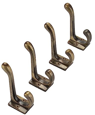 Craftsman Road Vintage Cast Iron Wall Hooks (Antique Brass Finish, Set of 4) - Rustic, Farmhouse Coat Hooks | Great for Coats, Bags, Towels, Hats | Classic Stout