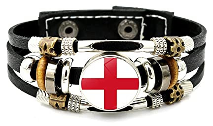 LODMLOER Helles Rotes Kreuz England-Flaggenkunst Verstellbares Armband Lederarmband Zubehör Geschenk Trendig Lässig Spirituell Punk Vintage-Perlen Kinder Paar Geschenke Für Frauen Und Männer