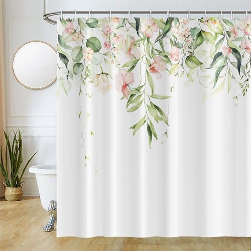Uiiooazy Duschvorhang 240x180cm Anti Schimmel Grün Eukalyptus Rosa Blumen | Duschvorhang Salbeigrün Blätter Pflanzen Motivo Wasserdicht Waschbar Stoff Polyester Bad Vorhang mit 16 Haken für Badezimmer
