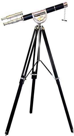 Antiqueex Nautical Style Black Maritime Brass Chrome Double Barrel Designer Telescope Wooden Tripod Floor Standing Telescopic
