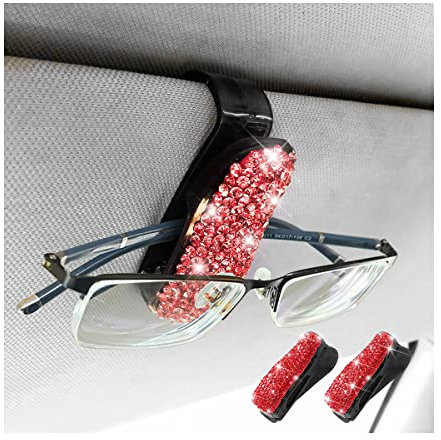 CGEAMDY 2 Stück Brillenhalter für Auto-Sonnenblende, Sonnenbrillenhalter mit Bling Strasssteinen & Visitenkarte Clip, Bling-Kristall Auto Interieur Zubehör (Rot)
