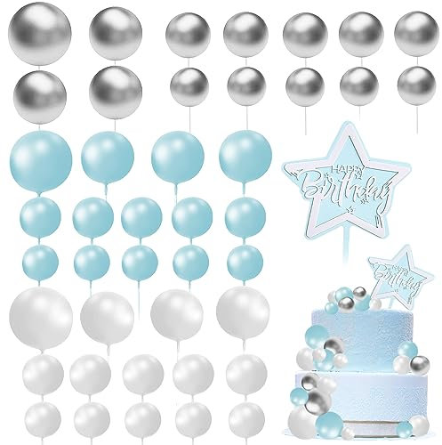 43 Stück Tortendeko Kugeln, DIY Cake Topper Geburtstag, Schaumkugeln Cupcake Deko, Tortendeko Geburtstag für Geburtstagskuchen Deko Valentinstag Hochzeitstag Babyparty(Blau/Weiß/Gold)