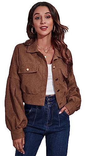 Frauen Jacke Revers Laterne Hülse Blau Kurze Top Einreiher Lose Büro Dame Mantel Brown M