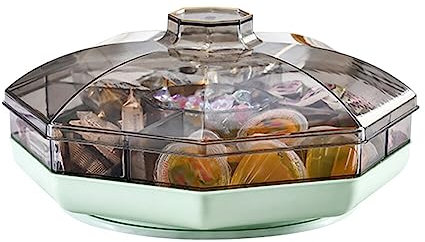 Drehbare Snackbox Aufbewahrungstablett mit Deckel 5 Fächer Serviertablett Kunststoff Snackteller Snackschale für Getrocknete Früchte Nüsse Süßigkeiten Runde Snack Transportbox,28.5cmx28.5cmx13cm
