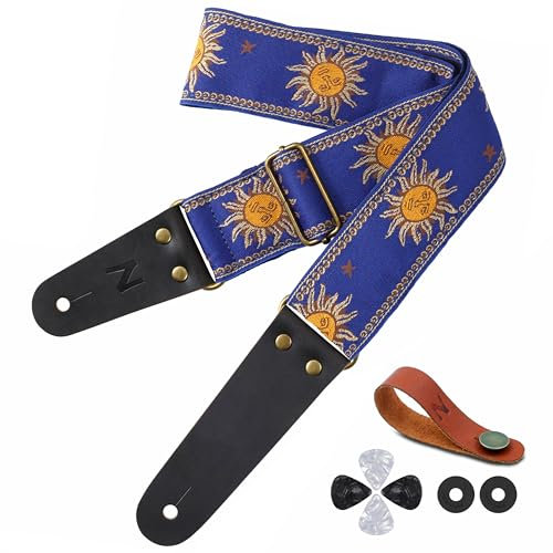 Nefelibata Gitarrengurt, sonnenbestickter Baumwollgitarrengurt mit Echtlederenden für Bass-, Elektro- und Akustikgitarren, kostenlose Schnalle, 1 Paar Gurtschlösser und 4 Gitarrenplektren