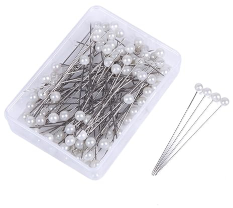 JZK 100 spille rotonde con testa di perle bianche, per bouquet, fiori, con scatola di plastica, per fai da te, artigianato, creazione di gioielli, cucito, decorazioni floreali per matrimoni