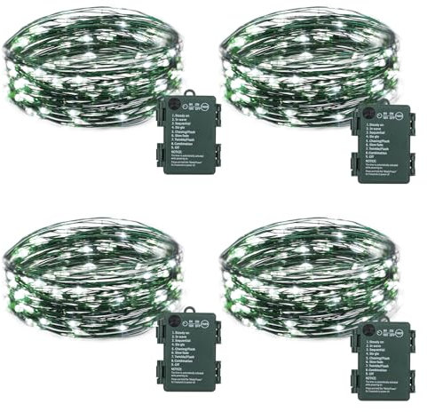 4 Pack Fairy Lights Battery Operated, 16.4 Ft 50 LED Starry Fairy Lights with Auto Timer Dark Green Copper Wire Twinkle Lights IP65 Waterproof for Wedding Bedroom Christmas (Cool White)