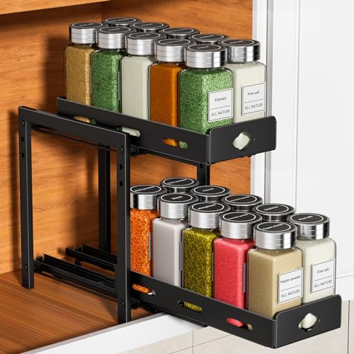 MAYZOLOP Porta Spezie Per Cucina, Nero Cassetto Telescopico Cucina, Portaspezie Regolabili in Altezza Per Armadietti,Organizzatore Per Armadietti Estraibili, 13,4cm B x 26,8cm L x 23,2cm H