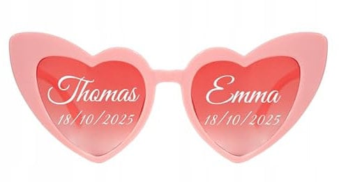 Happenings Herzförmige Brille mit Inschriften - Ihr eigener Text - Personalisierte Herz-Sonnenbrille - Mr & Mrs, Name, Datum usw. Perfekt für Hochzeit, Junggesellinnenabschied, Party, Geschenk,