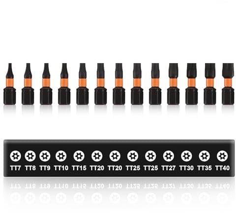 13 Stück Torx Bit Set, 25mm Lang S2 Schlagschrauber Bitsatz, 1/4Torx Schraubendreher Bits Set Lang Magnetisch Bit Set für Akkuschrauber (TT7/8/9/10/15/20/20/25/25/27/30/35/40)