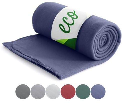 wometo Coperta in pile Eco in materiale riciclato al 100% + certificazione OekoTex e GRS, 130 x 160 cm, ca. 400 g, blu scuro con anti pelucchi e bordo rimagliato