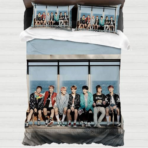 XYOK BTS Kinder Bettwäsche K-Pop Bettbezüge Mikrofaser Bettwäsche Sets Kissenbezug Schlafzimmer dekorative 3-teilig Mädchen Geschenke (BTS, 135x200cm)