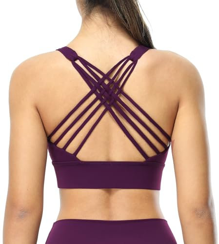 icyzone Damen Sport-BH Gepolstert Ohne Bügel Yoga Bra Gekreuzt Rücken Sport Gym Fitness BH (Magenta Purple, M)