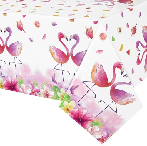 WERNNSAI Flamingo Tischdecke – Hawaiianische Tropen Tischdecke Blumen Tropen Partydekorationen für Sommer Strand Pool Geburtstagsparty Zubehör 137 x 274 cm