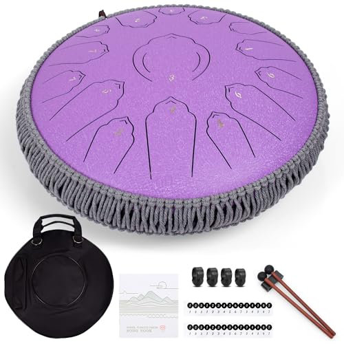AMKOSKR Stahlzungentrommel, 14 Zoll 35 cm Steel Tongue Drum, C-Dur 15 Noten, Handtrommel HandPan Drum mit Drumsticks, Tragetasche, Lila