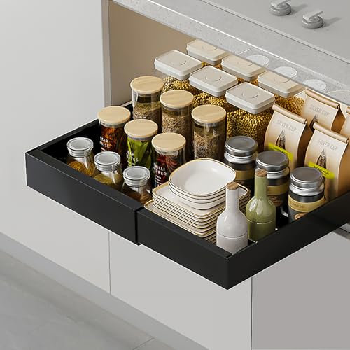 Pull Out Cabinet Organiser,Expandable Slide Out Drawers for Kitchen Storage,Cupboard Organiser with 6 Partition Panels and Adhesive Nano Film - Perfect for Kitchen Base Cabinets Pantries and Bathrooms