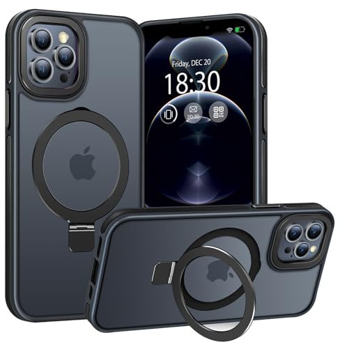 BENTIACC Handyhülle iPhone 12 pro max Hülle, mit Unsichtbarer Ständer, mit Mag-Safe, Militärschutz, [Transluzente Matte] Anti-Fingerabdruck hülle iPhone 12 pro max 6,7 Zoll(Schwarz)