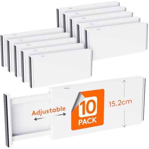 Lifewit 10 Pezzi Divisori per Cassetti, Regolabili Separatori per Cassetti 34-56 cm Alti 15 cm Plastica Organizer Cassetti per Cucina Bagno Armadio Biancheria per Calzini Mutande, Bianco