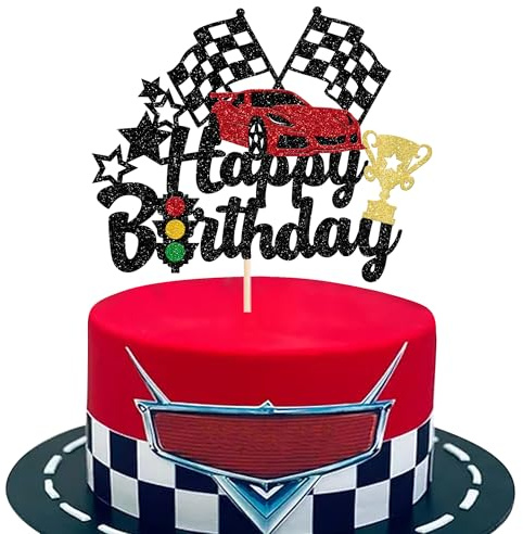 Xsstarmi 1 Pack Racing Happy Birthday Cake Topper Star Glitter Traffic Light Flag Cake Pick Trophies Racer Birthday Cake Decorations for Racing Theme Baby Shower Happy Birthday Party Supplies