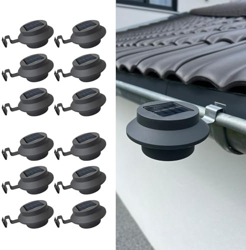 BURI 12 Stück Anthrazit Dachrinnen Solarleuchten Wandleuchten Wegeleuchten Außenlampe LED Solarleuchten IP44 für Dekor Zaun Straße Garten Terrasse Dachrinne Regenrinne