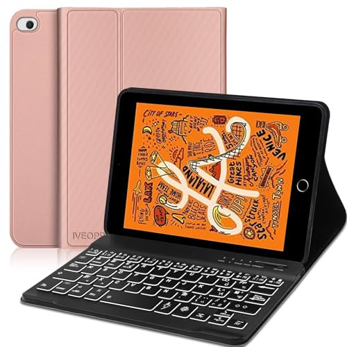 IVEOPPE Teclado Mini 5 7.9, Funda Teclado Bluetooth Español Retroiluminados Inalámbrico Desmontable para iPad Mini 5/4/3/2/1, Oro Rosa