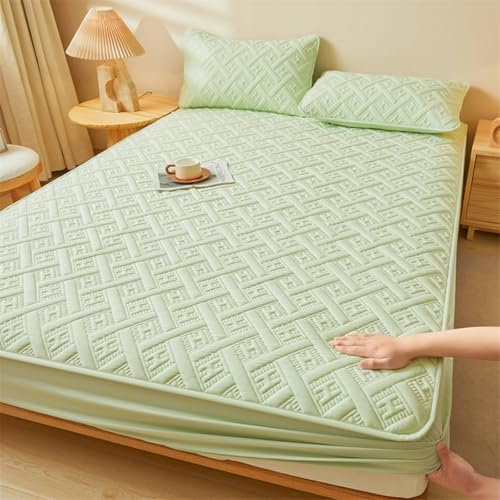 AMDXD Hell Grün Betttuch mit 2er Kissenbezüge 180x200cm Set 3tlg Atmungsaktiv, Kariert Spannbettlaken Wasserbett Einfarbig Schlafkomfort, Polyester Tagesdecke für alle Jahreszeiten