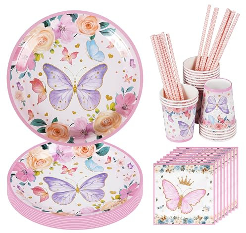 Schmetterling Deko Geburtstag, Homewit 64 Stück Schmetterling Partygeschirr Set für Mädchen Kindergeburtstag Party Deko Kinder Geburtstag Geburtstagsdeko Pappteller Teller Tassen Servietten Tischdecke