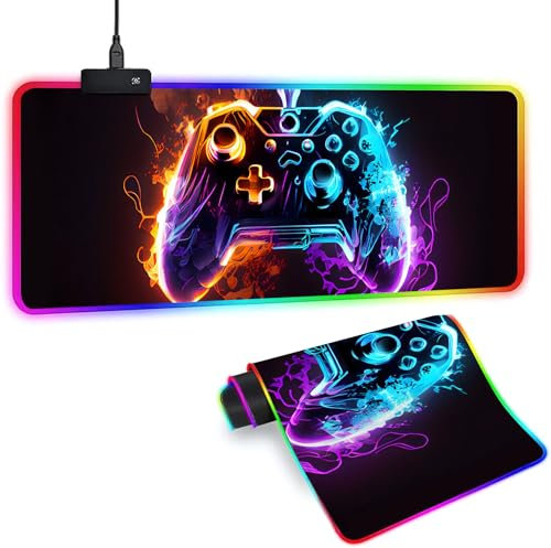 Tapis de souris de jeu XL RVB avec 14 modes d'éclairage, tapis de souris lumineux, 80 x 30 cm, antidérapant, style manette de jeu, grand tapis de souris LED, noir, accessoires de jeu lumineux pour