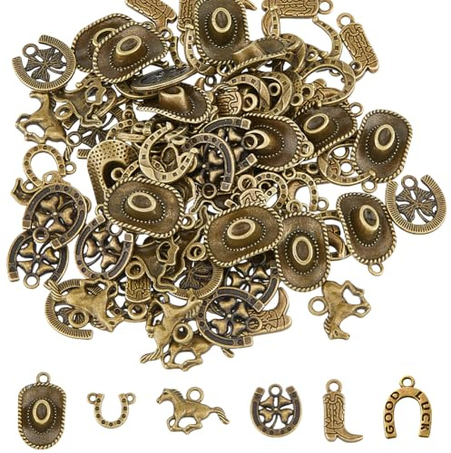 SUPERFINDINGS 96Pcs 6 Styles Western Themed Cowboy Charms Antique Bronze Plated Cowboy Boot Hat Charms Tibetan Alloy Horse Hat Pendants for DIY Jewelry Making