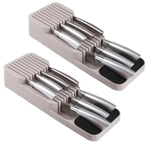Set of 2 Knife Blocks for Drawer, Knife Holder Drawer, Drawer Insert, Knife Storage for 9 Knives, Non-Slip, Space-Saving Knife Organiser Drawer for Drawers and Worktops (A)