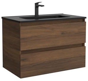 Mueble de Baño BEQUIA 80cm Nogal | Lavabo Negro Porcelana Centrado