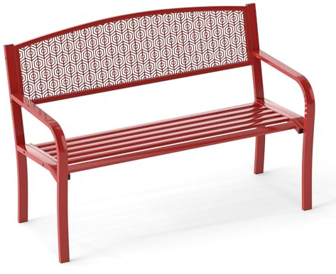 KOMFOTTEU Gartenbank für 2-3 Personen, Parkbank mit hoher Rückenlehne und Armlehnen, Metallbank mit Belastung 300 kg, Außenbank für Terrasse, Balkon, 128 x 60 x 86 cm (Rot)