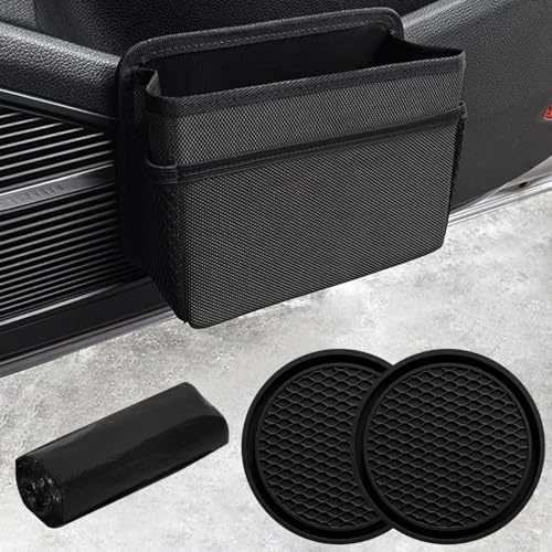 Poubelle de Porte Latérale de Voiture, Mini Poubelle de Voiture Pliable avec 2 Porte-Gobelets pour Voiture, 1 Rouleau de Sac Poubelle, Boîte de Rangement Suspendue de Voiture Portable pour SUV Camion