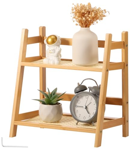 Bamboo Coffee Station Organizer 2 Tier Rattan Look Tea & Mug Holder Stand | 2 Sizes option, Easy assembly, Multi-use for mugs coffee gear and decor, Rustic modern style, Crafted of bamboo & ABS