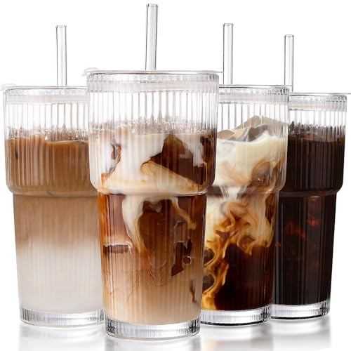 MHDCLY Iced Coffee Cup, Glass Tumblers, 4PCS 600ML Glass Cups with Lids and Straws, Drinking Glasses with Lids and Glass Straw Set, Smoothie Cup, Coffee Glasses